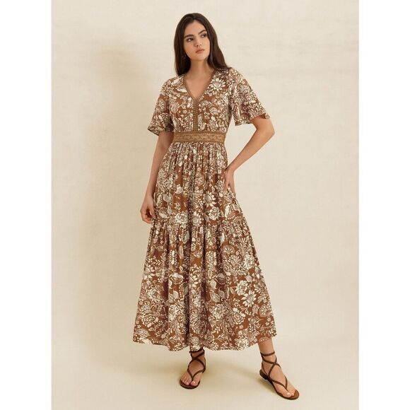 Cute Floral Ditsy Dress Nuetral Deep Tan Lace Waist Western Vibe Small - Picture 3 of 13
